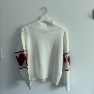 Anthropologie Carys Mock-Neck White Sweater with Red Heart Accents by Maeve